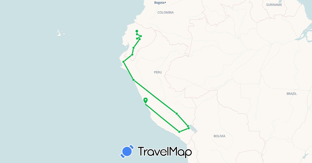 TravelMap itinerary: driving, bus in Ecuador, Peru (South America)